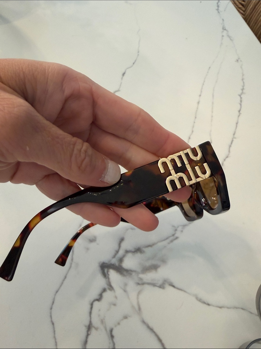 Miu Miu Style Tortoiseshell Sunglasses with Gold Logo Accents - Brown Lenses - Picture 4 of 6